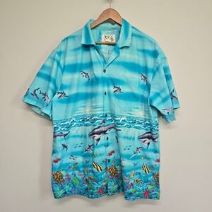 KY'S Shark Sea Turtle Hawaiian Shirt Mens XL Blue All Over Print Beachy Aloha
